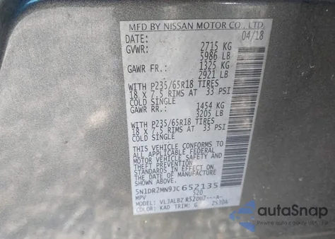 2018 Nissan Pathfinder S z USA, uszkodzony, nr VIN 5N1DR2MN9JC652135